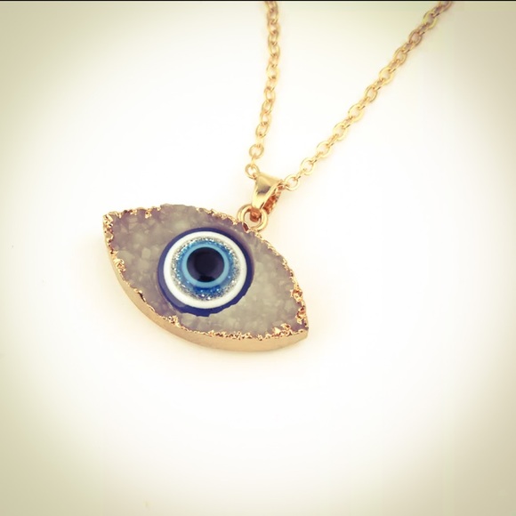 🆕 Blue Evil Eye Druzy Stone Necklace Quartz - Picture 7 of 9